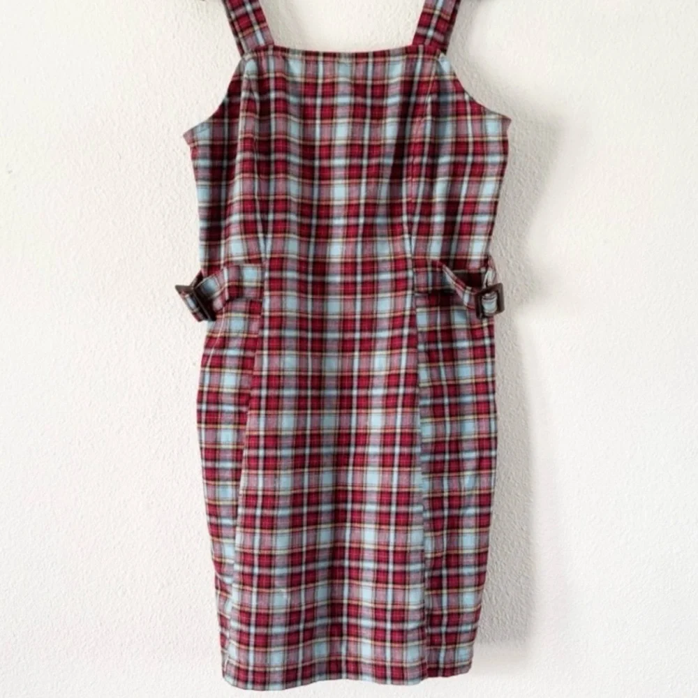 LIVE TO BE SPOILED Y2K Sleeveless Side Buckle Strap 90s Plaid Mini Jumper Dress - Picture 1 of 9